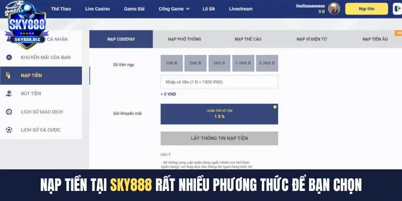 Nạp tiền tại SKY88 rất nhiều phương thức để bạn chọn