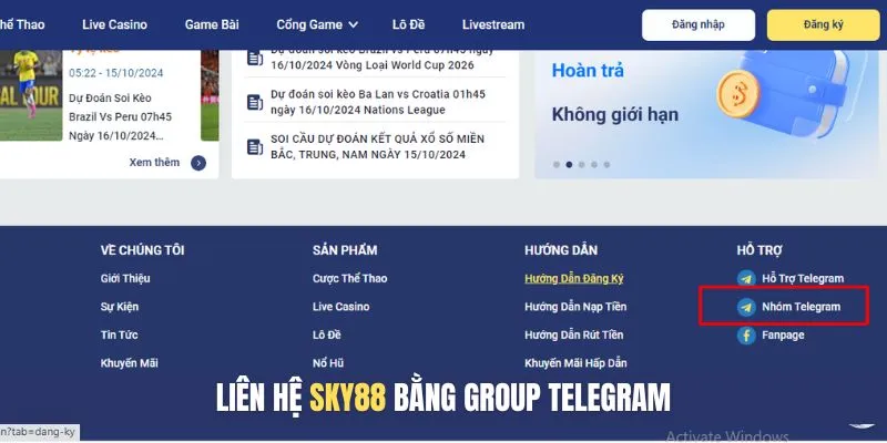 Liên hệ SKY888 thông qua group telegram nhanh chóng, an toàn