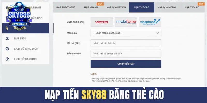Nạp tiền SKY888 qua thẻ cào là cách quen thuộc với nhiều hội viên